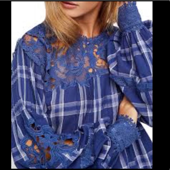 Free People Navy Plaid Top - Picture 4 of 8